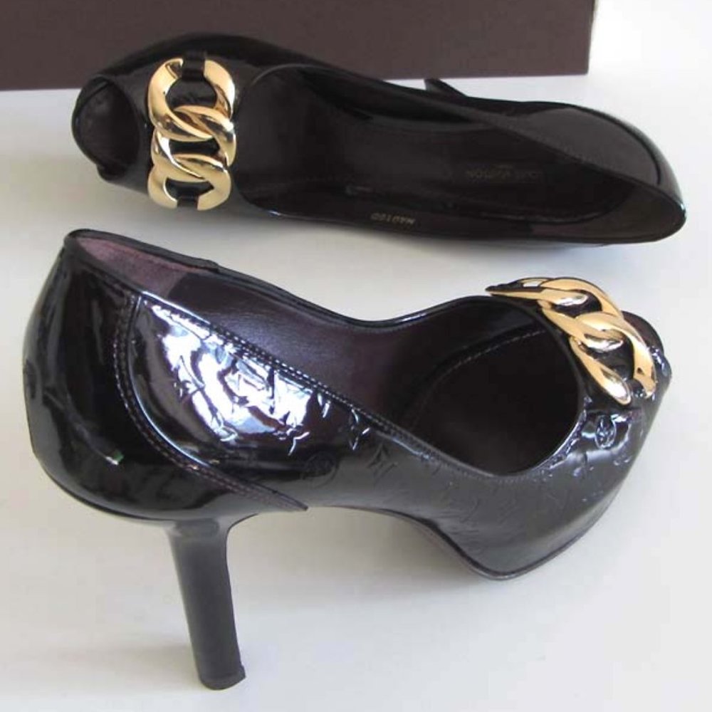 new LOUIS VUITTON Monogram Vernis chain peep toe pumps 8.5 US 38.5 - Picture 5 of 13